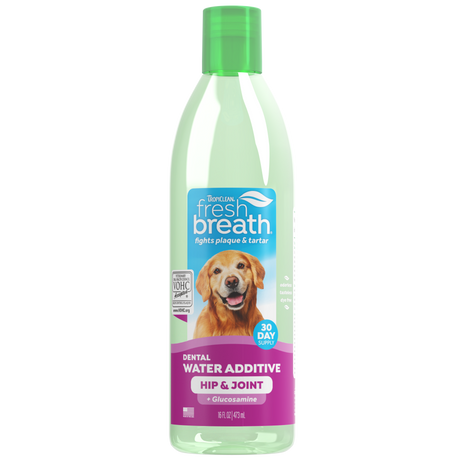 Fresh Breath by TropiClean Oral Care Water Additive Plus Hip & Joint for Pets, image of front of 16oz bottle