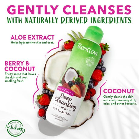 Tropiclean berry and coconut deep cleansing pet shampoo with aloe extract and coconut ingredients on a white background.