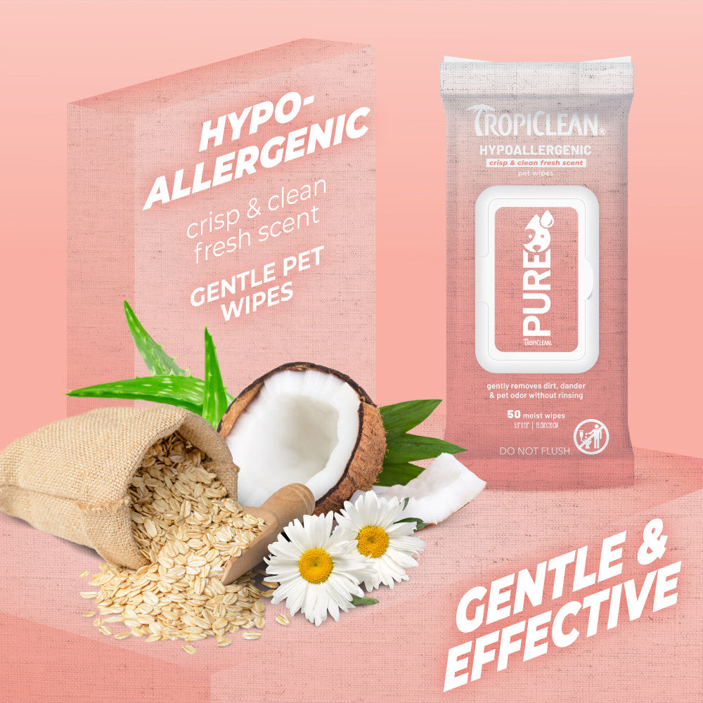 TropiClean PURE Hypoallergenic Plant-Based Wipes for Dogs & Cats package with coconut, oats, and daisies on a pink background