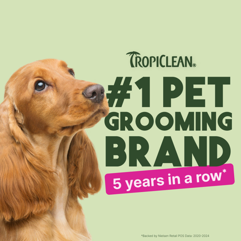 Dog with Tropiclean branding claiming to be #1 pet grooming brand for 5 years in a row