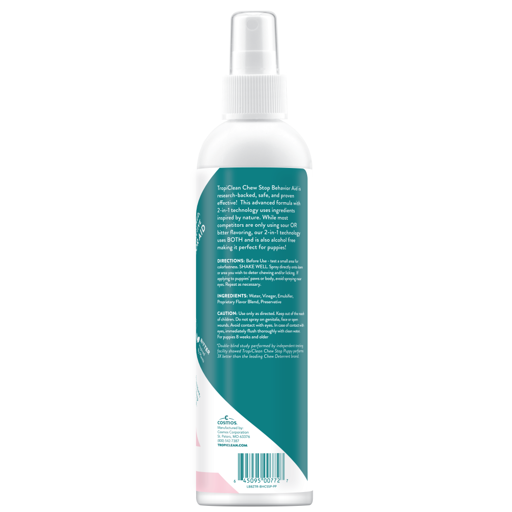 TropiClean Chew Stop Behavior Aid Puppy Spray, back of 8oz spray bottle