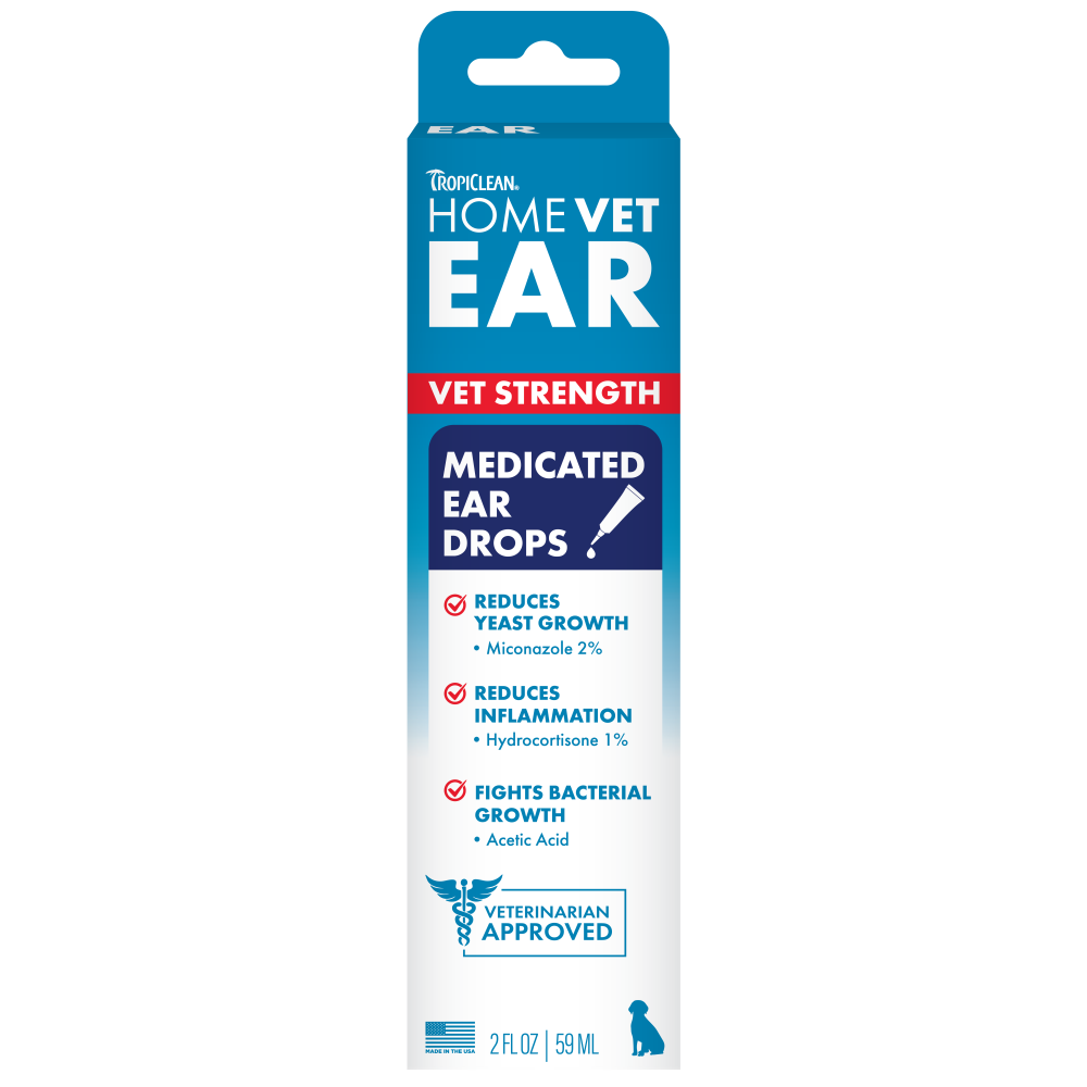 TropiClean HomeVet Medicated Dog Ear Drops, front of 2oz package