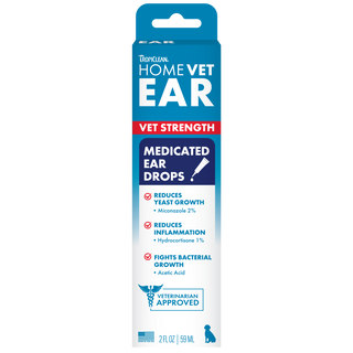 TropiClean HomeVet Medicated Dog Ear Drops, front of 2oz package