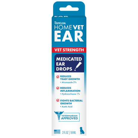 TropiClean HomeVet Medicated Dog Ear Drops, front of 2oz package