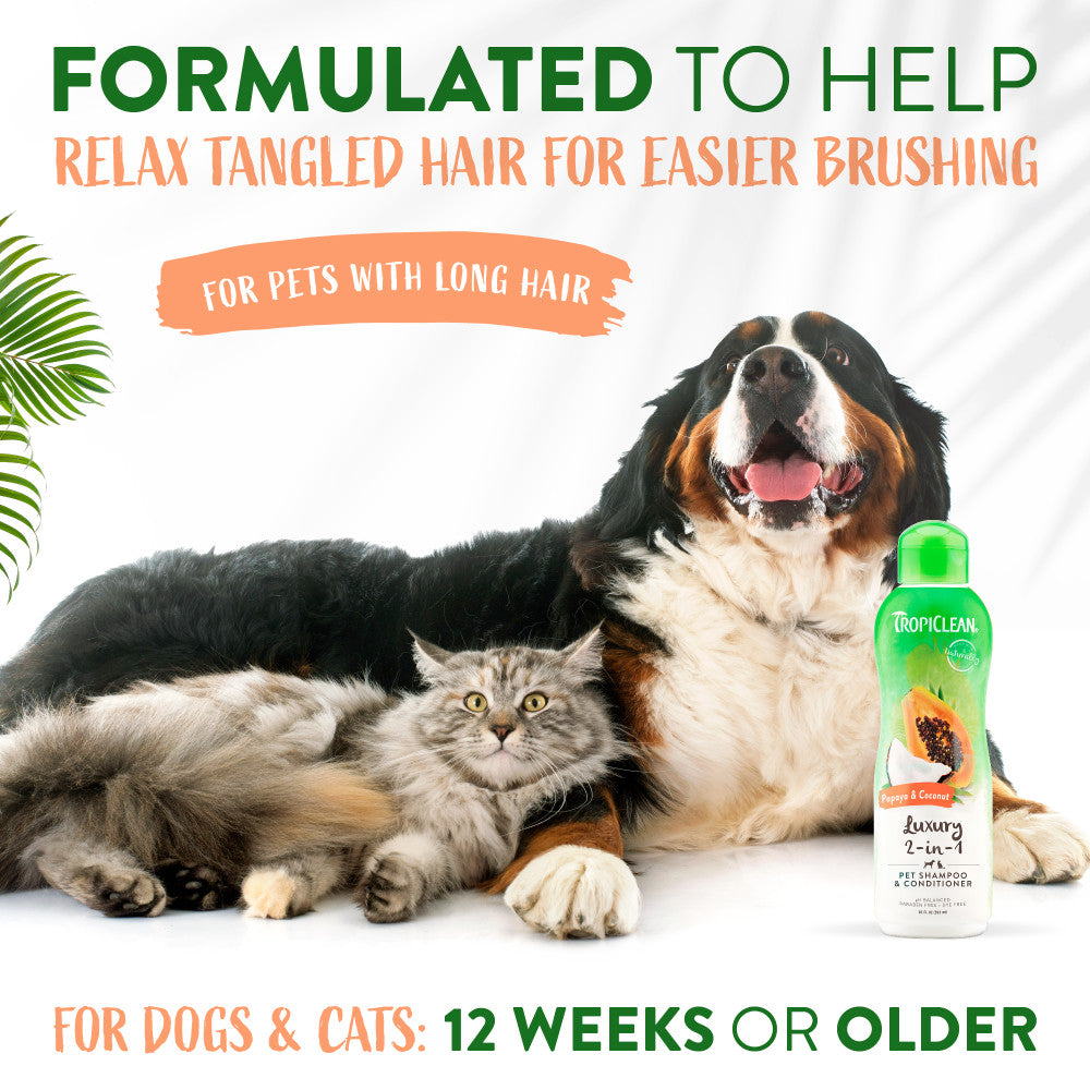 Dog and cat lying together with a bottle of TropiClean Papaya & Coconut 2-In-1 Shampoo and Conditioner for Pets