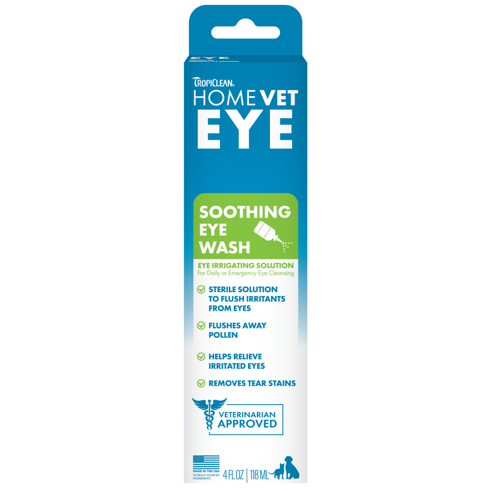 TropiClean HomeVet Soothing Eye Wash for Dogs & Cats, front of package