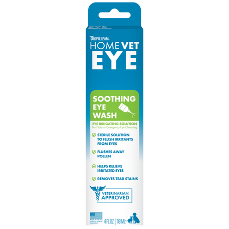 TropiClean HomeVet Soothing Eye Wash for Dogs & Cats, front of package