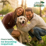 Couple with a dog in a park, promoting 'TropiClean Fresh Breath' products.