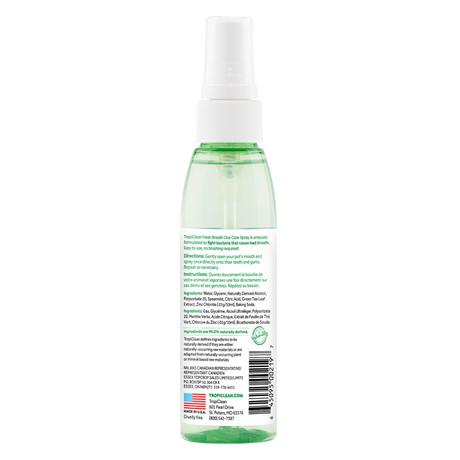TropiClean Fresh Breath Oral Care Spray for Pets, image of back of bottle