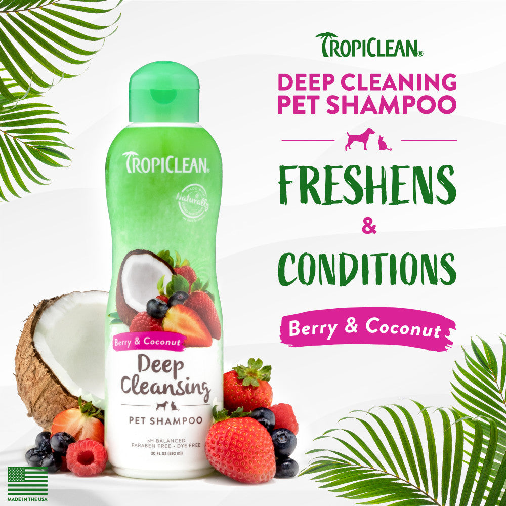 TropiClean Berry & Coconut Deep Cleansing Shampoo for Pets bottle with berries and coconut on a white background