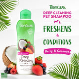 TropiClean Berry & Coconut Deep Cleansing Shampoo for Pets bottle with berries and coconut on a white background
