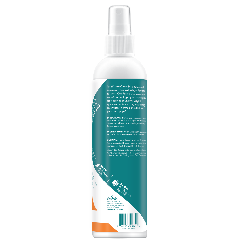 TropiClean Chew Stop Dog Behavior Aid Home Spray, back of 8oz spray bottle