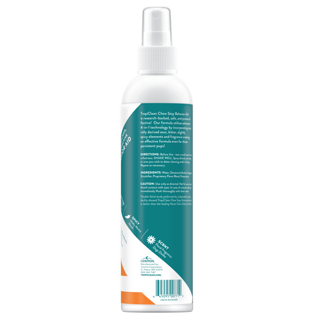 TropiClean Chew Stop Dog Behavior Aid Home Spray, back of 8oz spray bottle
