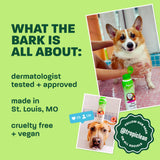 Light green background, corgi and brown dog, "What the bark is all about".
