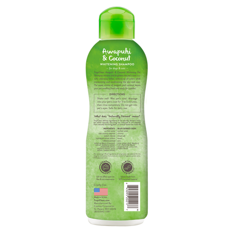 TropiClean Awapuhi & Coconut Whitening Shampoo for Pets, image of back of bottle