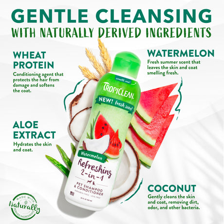 Tropiclean Watermelon Refreshing 2-in-1 Pet Shampoo & Conditioner with ingredients listed.