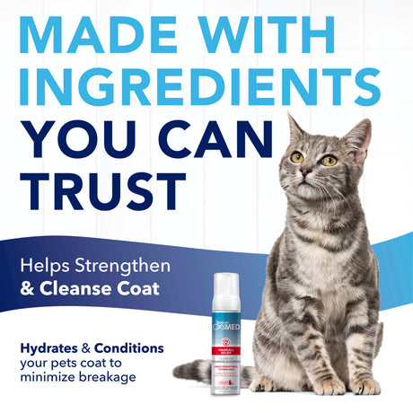 TropiClean OxyMed Waterless Dry Shampoo for Cats. Cat with product and text about trustable ingredients and coat care.