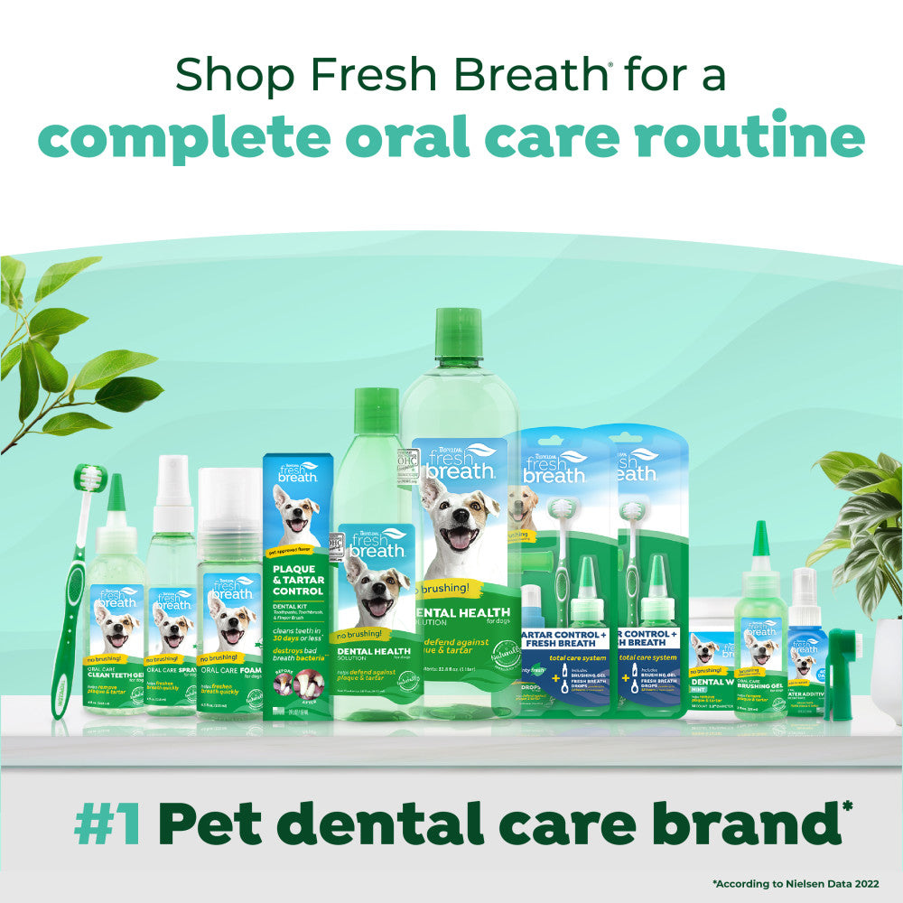 Collection of TropiCleanpet dental care products with a green background and text promoting fresh breath for a complete oral care routine.