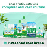 Collection of TropiCleanpet dental care products with a green background and text promoting fresh breath for a complete oral care routine.