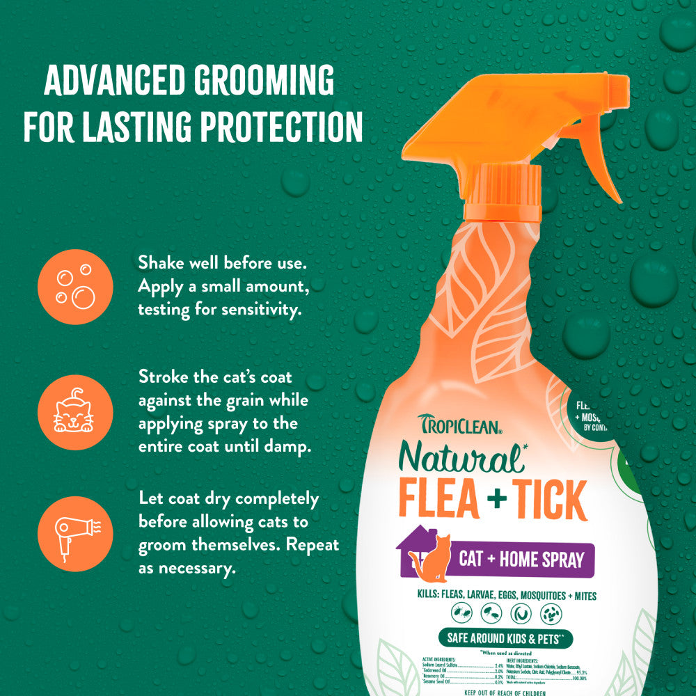 TropiClean Natural Flea + Tick Home + Cat Spray bottle with usage instructions on a green background
