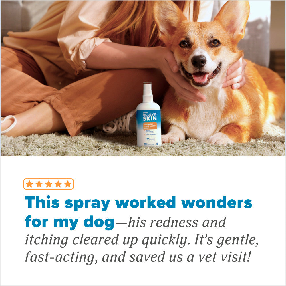 Dog with a bottle of TropiClean HomeVet Medicated Itch & Allergy Pet Spray and a person sitting next to it, with a testimonial about the product's effectiveness.