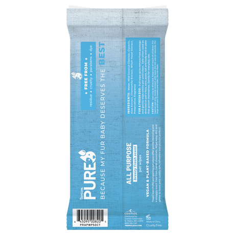 TropiClean PURE All Purpose Plant Based Wipes for Dogs & Cats, back of 50ct package