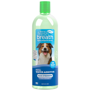 TropiClean Fresh Breath Max Strength Dental Water Additive for Dogs, front image of 33.8oz bottle