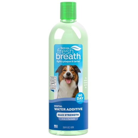TropiClean Fresh Breath Max Strength Dental Water Additive for Dogs, front image of 33.8oz bottle