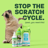 Pug sitting up next to items in bundle. Stop the scratch cycle.