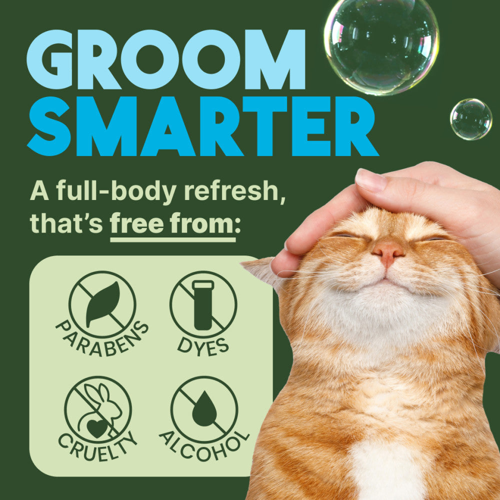 Cat being groomed with TropiClean Dander Reducing Waterless Cat Shampoo text and product benefits