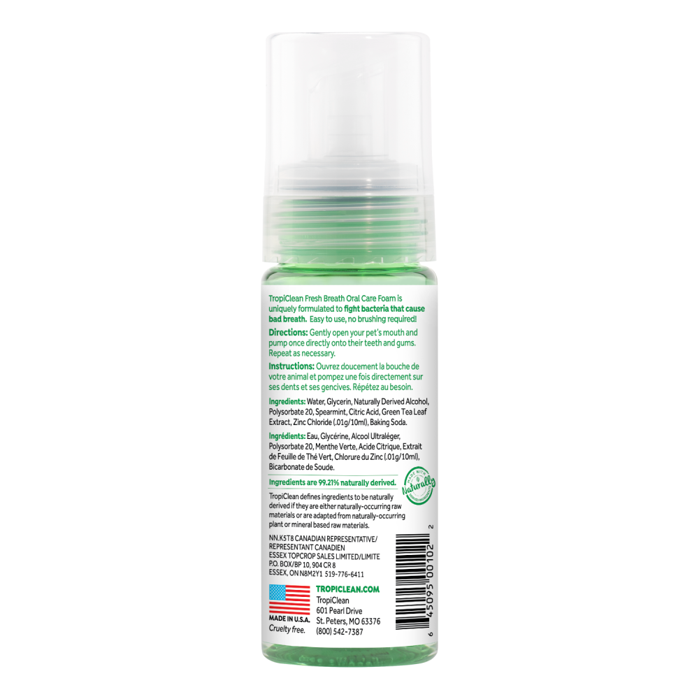 TropiClean Fresh Breath Mint Foam for Dogs, back image of bottle