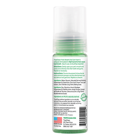 TropiClean Fresh Breath Mint Foam for Dogs, back image of bottle