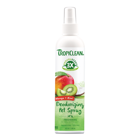 TropiClean EnduraScent Mango Kiwi Pet Deodorizing Spray, image of front of bottle