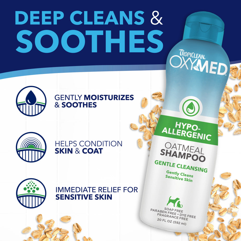 Tropiclean OxyMed Oatmeal Shampoo bottle with text highlighting benefits on a white and blue background.