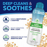 Tropiclean OxyMed Oatmeal Shampoo bottle with text highlighting benefits on a white and blue background.