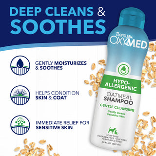 Tropiclean OxyMed Oatmeal Shampoo bottle with text highlighting benefits on a white and blue background.