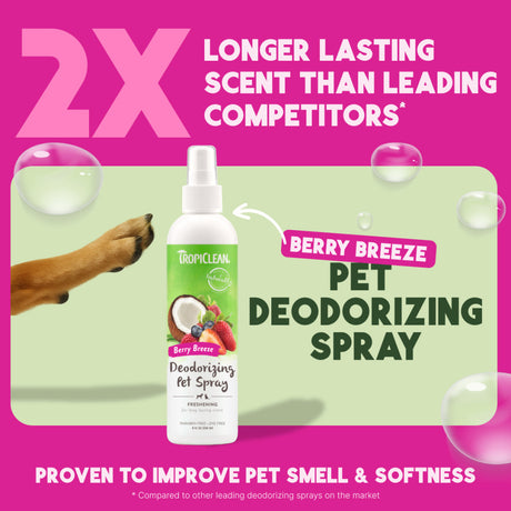 TropiClean Berry Breeze Deodorizing Spray for Pets with promotional text on a pink and green background