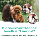 Woman kissing a dog with dental health before and after images, promoting TropiClean Fresh Breath Oral Care Gel.