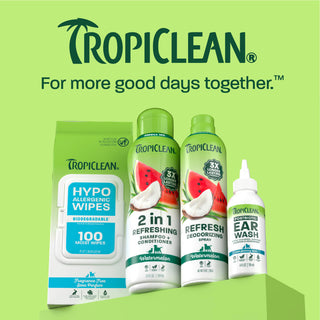 TropiClean line up on light green background.