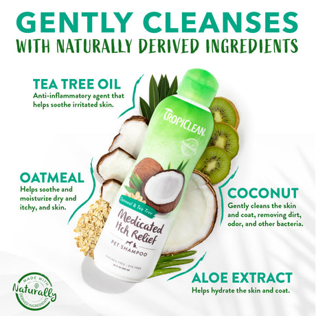 TropiClean Oatmeal & Tea Tree Medicated Itch Relief Shampoo for Pets. Tropiclean Medicated Itch Relief pet shampoo bottle with natural ingredients displayed on a white background