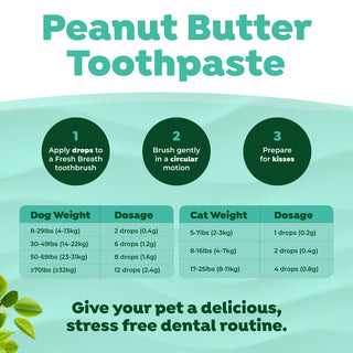 Instructions for using TropiClean Fresh Breath Peanut Butter Oral Care Kit for Dogs & Cats with dosage information.