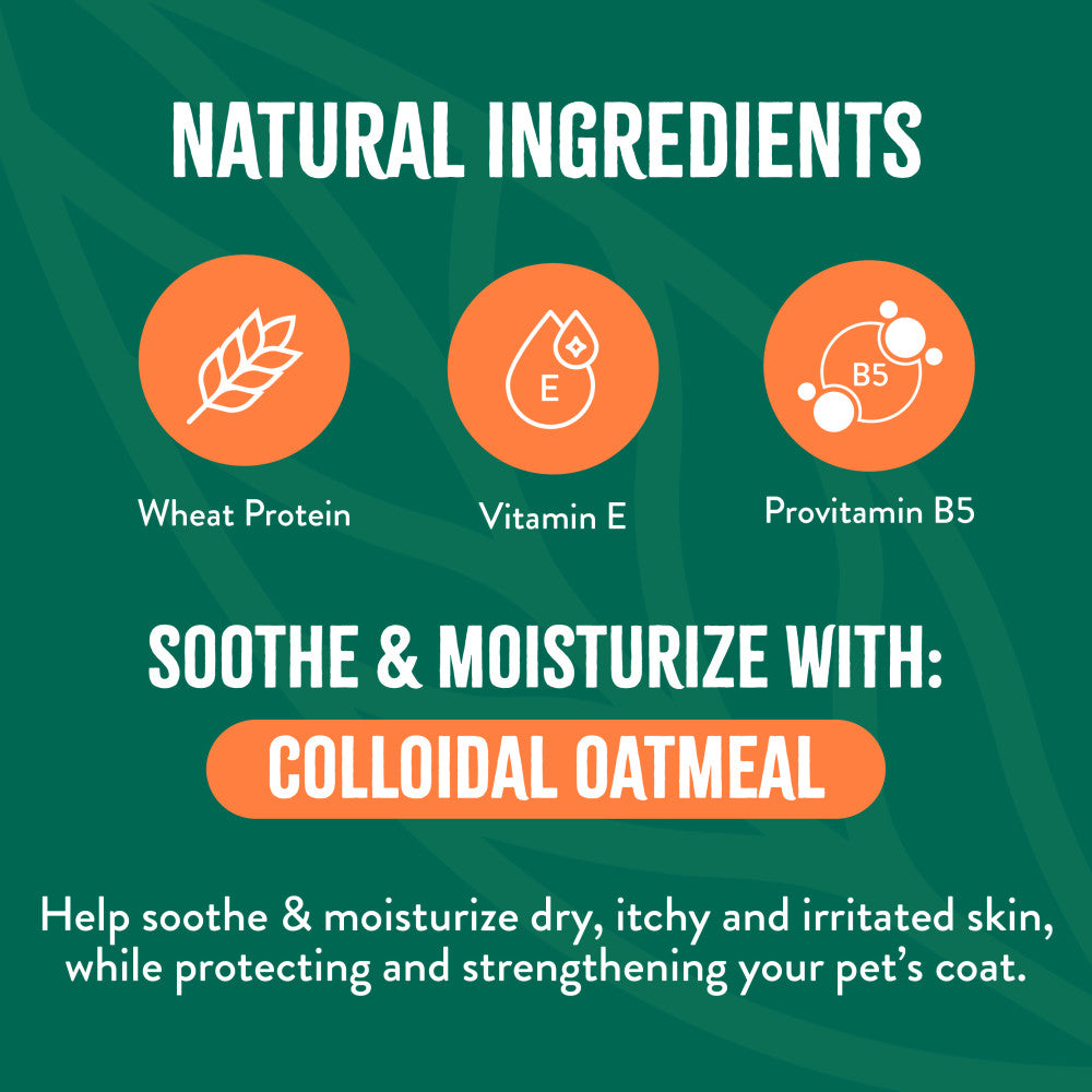 TropiClean Natural Flea + Tick Bite Relief Spray for Pets. Product label highlighting natural ingredients and colloidal oatmeal for pet care