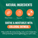 TropiClean Natural Flea + Tick Bite Relief Spray for Pets. Product label highlighting natural ingredients and colloidal oatmeal for pet care