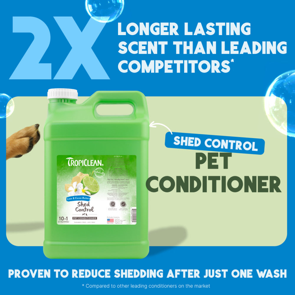 TropiClean Shed Control Pet Conditioner bottle with promotional text for dog groomers