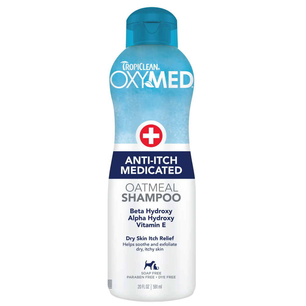 TropiClean OxyMed Medicated Anti Itch Shampoo for Pets, front of 20oz bottle