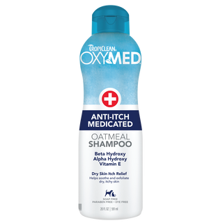 TropiClean OxyMed Medicated Anti Itch Shampoo for Pets, front of 20oz bottle.