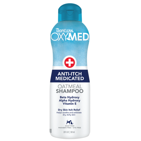 TropiClean OxyMed Medicated Anti Itch Shampoo for Pets, front of 20oz bottle