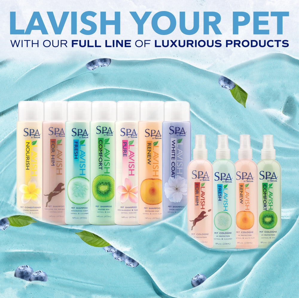 Collection of SPA by TropiClean products with 'Lavish Your Pet' text on a blue water background
