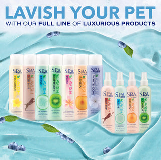 Collection of SPA by TropiClean products with 'Lavish Your Pet' text on a blue water background.