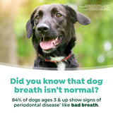 TropiClean Fresh Breath Oral Care Water Additive for Pets. Dog with text about dog breath and periodontal disease.